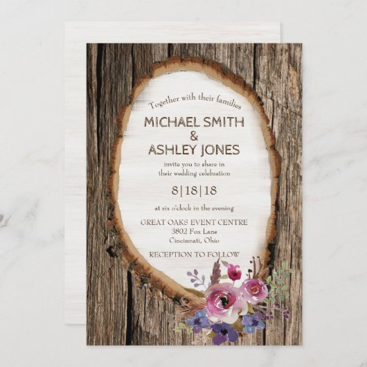 Tree Slice Stump met bloemen Bruiloft uitnodiging (Voorkant / Achterkant)