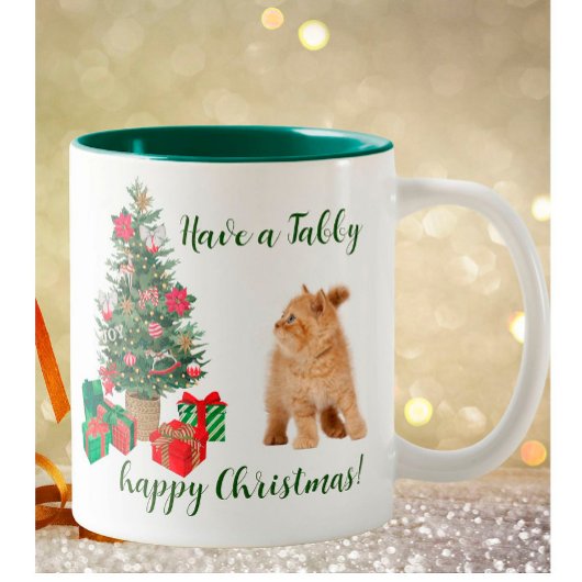 Tree Tabby Cat Happy Kerstmis Tweekleurige Koffiemok