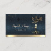 Tree Women Silhouette Blue Gold Yoga Instructor Visitekaartje (Voorkant)