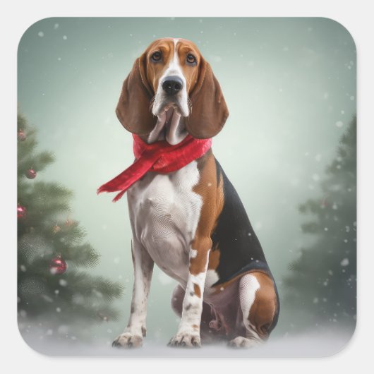 Treeing Walker Coonhound-hond in Sneeuw Kerstmis Vierkante Sticker (Voorkant)