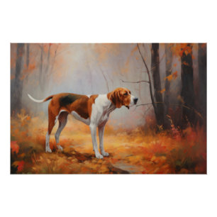 Treeing Walker Coonhound in herfstbladeren val Perfect Poster