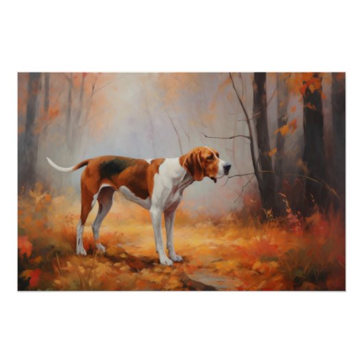 Treeing Walker Coonhound in herfstbladeren val Perfect Poster (Voorkant)