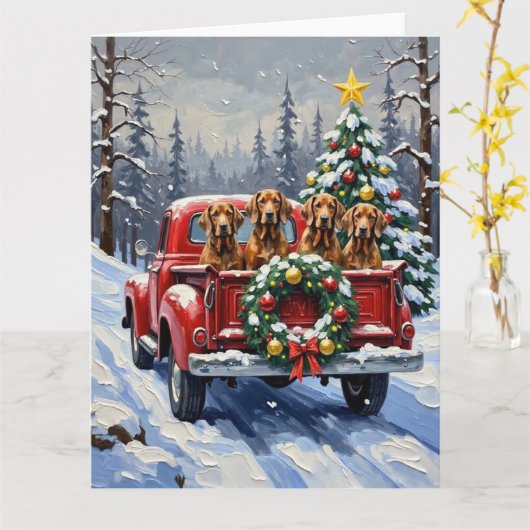 Treeing Walker Coonhound Kerstmis Rode Truck Kaart (Gele Bloem)