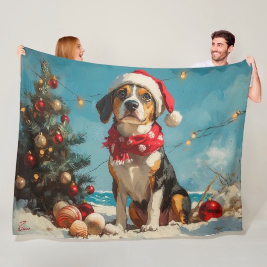 Treeing Walker Coonhound Kerstmis Vintage Strand Fleece Deken (In situ)
