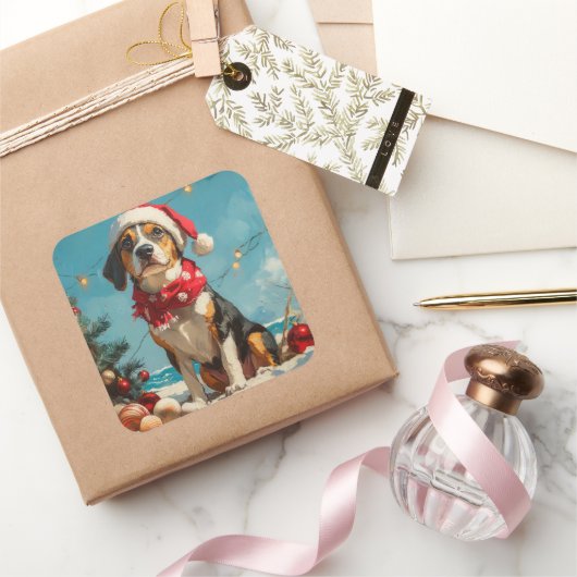 Treeing Walker Coonhound Kerstmis Vintage Strand Vierkante Sticker (Geschenken)