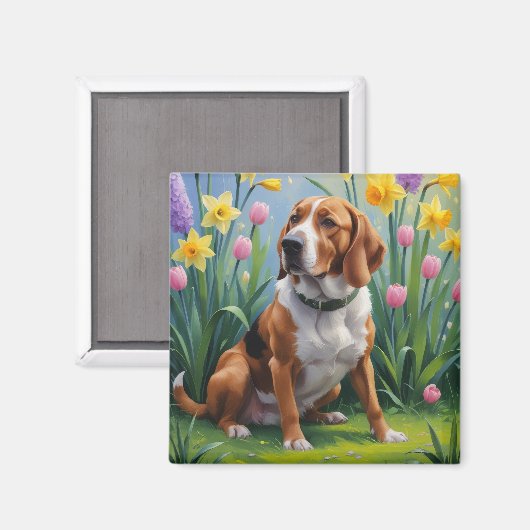 Treeing Walker Coonhound Lente Bloemen Schilderij Magneet (Voorkant / Achterkant)