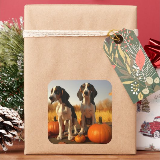 Treeing Walker Coonhound Puppy Herfst Pompoen Vierkante Sticker (Feestdagen)