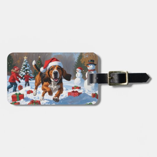 Treeing Walker Coonhound Sneeuw met Kerstmuts Bagagelabel (Voorkant horizontaal)