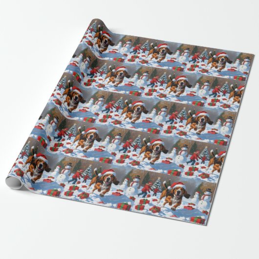 Treeing Walker Coonhound Sneeuw met Kerstmuts Cadeaupapier (Uitgerold)