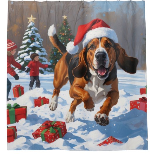 Treeing Walker Coonhound Sneeuw met Kerstmuts Douchegordijn (Voorkant)