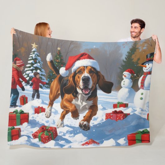 Treeing Walker Coonhound Sneeuw met Kerstmuts Fleece Deken (In situ)