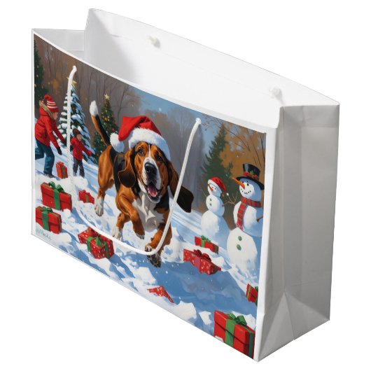 Treeing Walker Coonhound Sneeuw met Kerstmuts Groot Cadeauzakje (Voorkant Gekanteld)