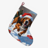 Treeing Walker Coonhound Sneeuw met Kerstmuts Grote Kerstsok (Voorkant (Hangend))