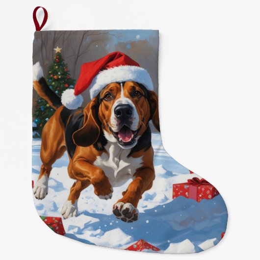 Treeing Walker Coonhound Sneeuw met Kerstmuts Grote Kerstsok (Voorkant)
