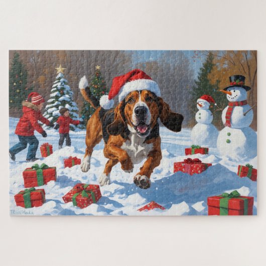 Treeing Walker Coonhound Sneeuw met Kerstmuts Legpuzzel (Horizontaal)