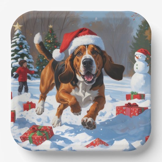 Treeing Walker Coonhound Sneeuw met Kerstmuts Papieren Bordje (Voorkant)