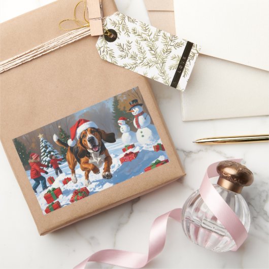 Treeing Walker Coonhound Sneeuw met Kerstmuts Rechthoekige Sticker (Geschenken)
