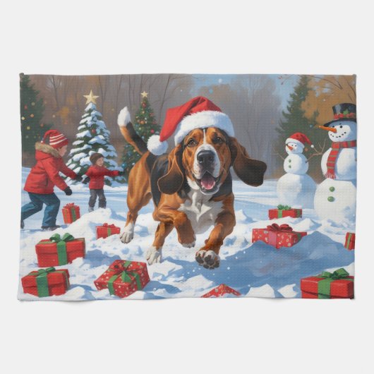 Treeing Walker Coonhound Sneeuw met Kerstmuts Theedoek (Horizontaal)