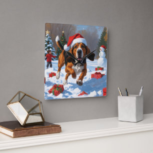 Treeing Walker Coonhound Sneeuw met Kerstmuts Vierkante Klok