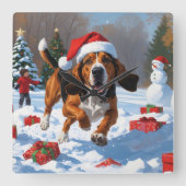 Treeing Walker Coonhound Sneeuw met Kerstmuts Vierkante Klok (Voorkant)