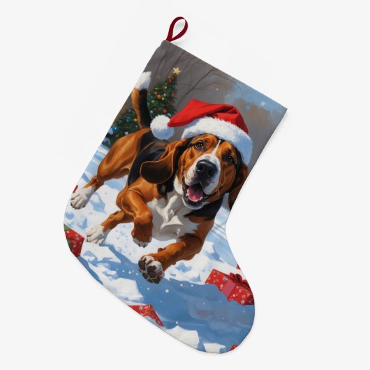 Treeing Walker Coonhound Snow met kerst Pet Grote Kerstsok (Voorkant (Hangend))