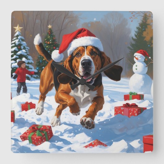 Treeing Walker Coonhound Snow met kerst Pet Vierkante Klok (Voorkant)