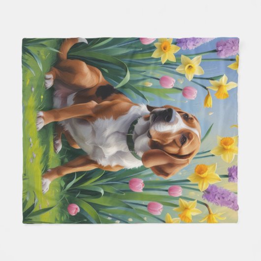 Treeing Walker Coonhound Spring Flowers Painting Fleece Deken (Voorkant (Horizontaal))