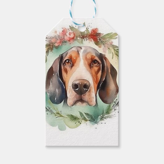 Treeing Walker Kerstkrans Feestelijke Pup Cadeaulabel (Voorkant)
