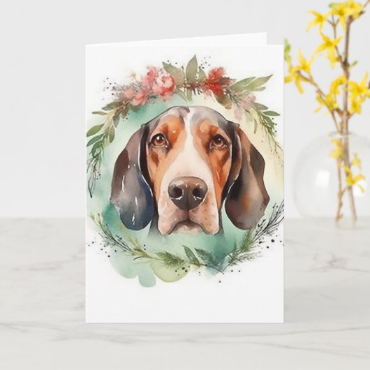 Treeing Walker Kerstkrans Feestelijke Pup Kaart (Gele Bloem)