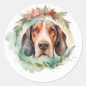 Treeing Walker Kerstkrans Feestelijke Pup Ronde Sticker (Voorkant)