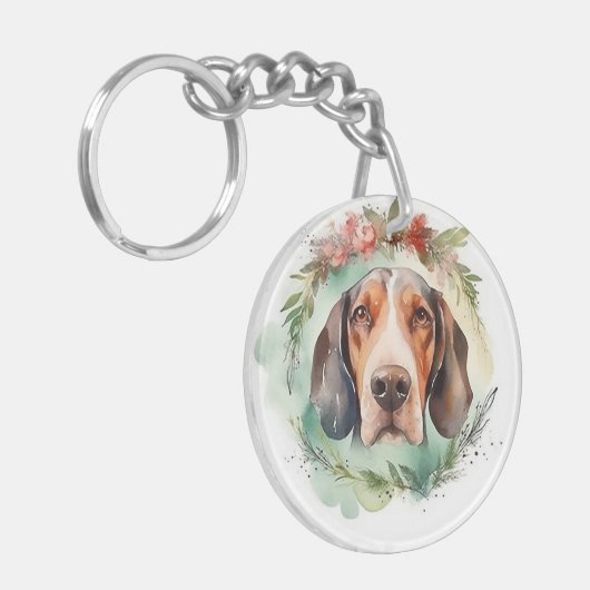 Treeing Walker Kerstkrans Feestelijke Pup Sleutelhanger (Voorkant Links)