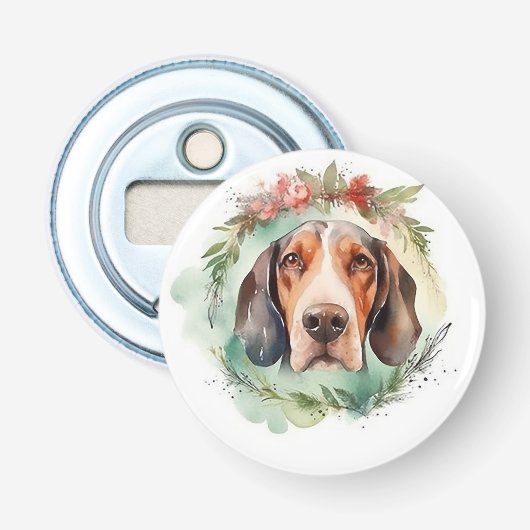 Treeing Walker Kerstkrans Festieve Pup Button Flesopener (Voorkant)
