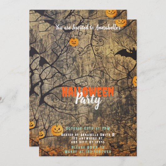 Trees Bats Jack-O' Lanterns Creepy Halloween Party Kaart (Voorkant / Achterkant)