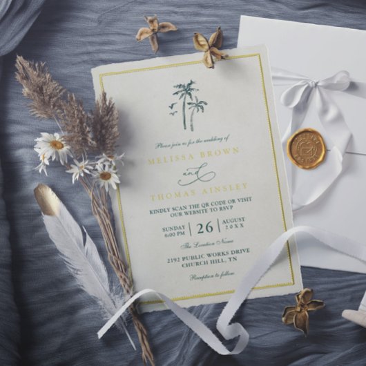 Trees Palm Coastal Drift Beach QR Code Wedding Kaart