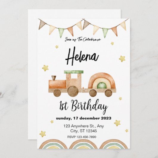 Trein 1e verjaardag uitnodigen kaart (Voorkant / Achterkant)