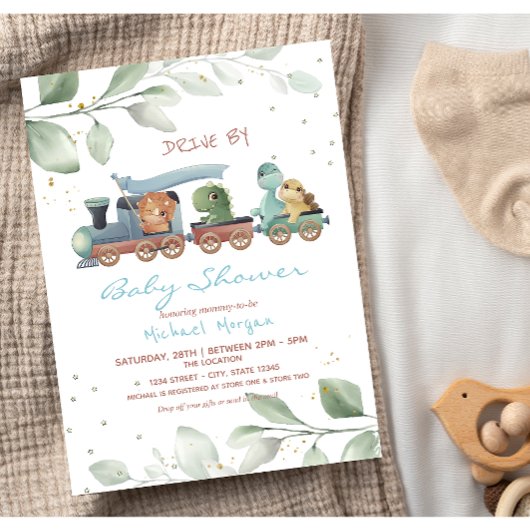 Trein Dinosauriërs Rijden Langs Baby Shower Kaart