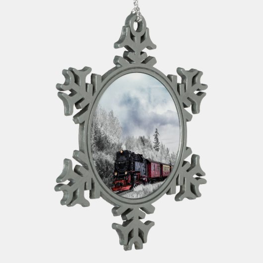 trein door het winterlandschap tin sneeuwvlok ornament (Links)