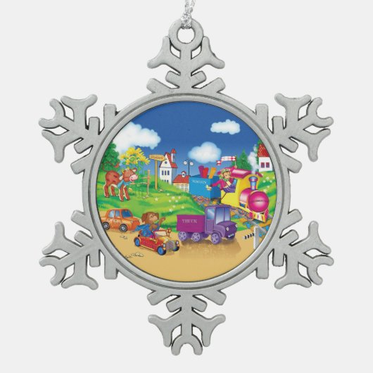 trein en auto tin sneeuwvlok ornament (Voorkant)