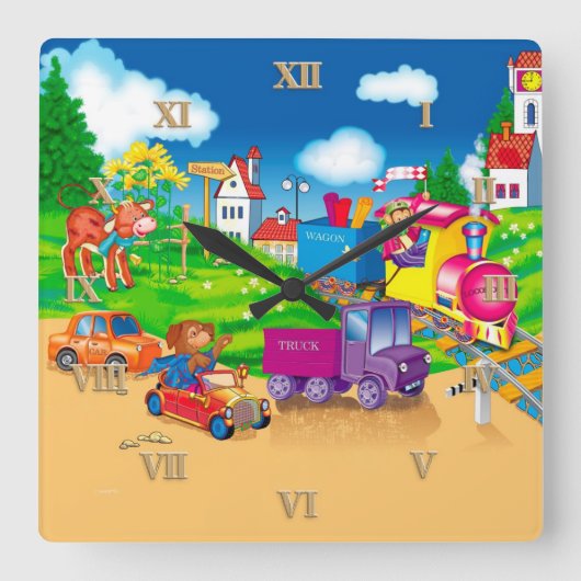 trein en auto vierkante klok (Voorkant)