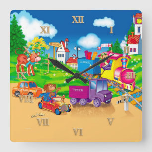 trein en auto vierkante klok