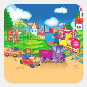 trein en auto vierkante sticker