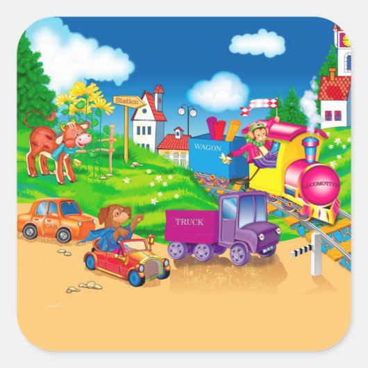trein en auto vierkante sticker (Voorkant)