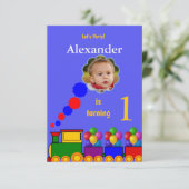 Trein en ballonnen 1e verjaardag foto uitnodiging (Staand voorkant)