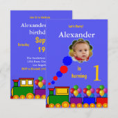 Trein en ballonnen 1e verjaardag foto uitnodiging (Voorkant / Achterkant)