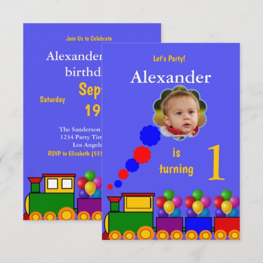 Trein en ballonnen 1e verjaardag foto uitnodiging (Voorkant / Achterkant)