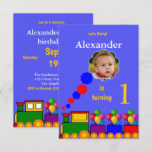 Trein en ballonnen 1e verjaardag foto uitnodiging