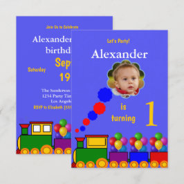 Trein en ballonnen 1e verjaardag foto uitnodiging