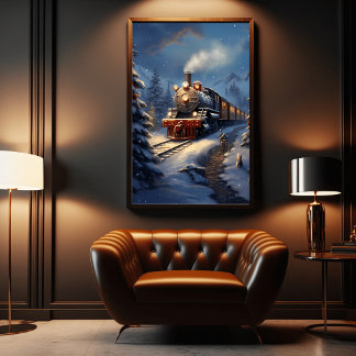Trein in besneeuwde landschapsweergave poster