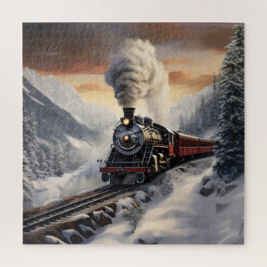 Trein in de besneeuwde bergen legpuzzel (Verticaal)