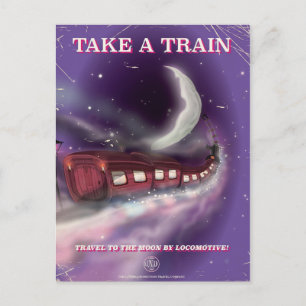 Trein naar de maan cartoon poster briefkaart